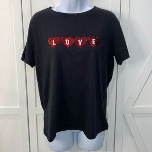 Feeling Festive Black Graphic T-Shirt Sequins Love Flip Heart Size Large Juniors